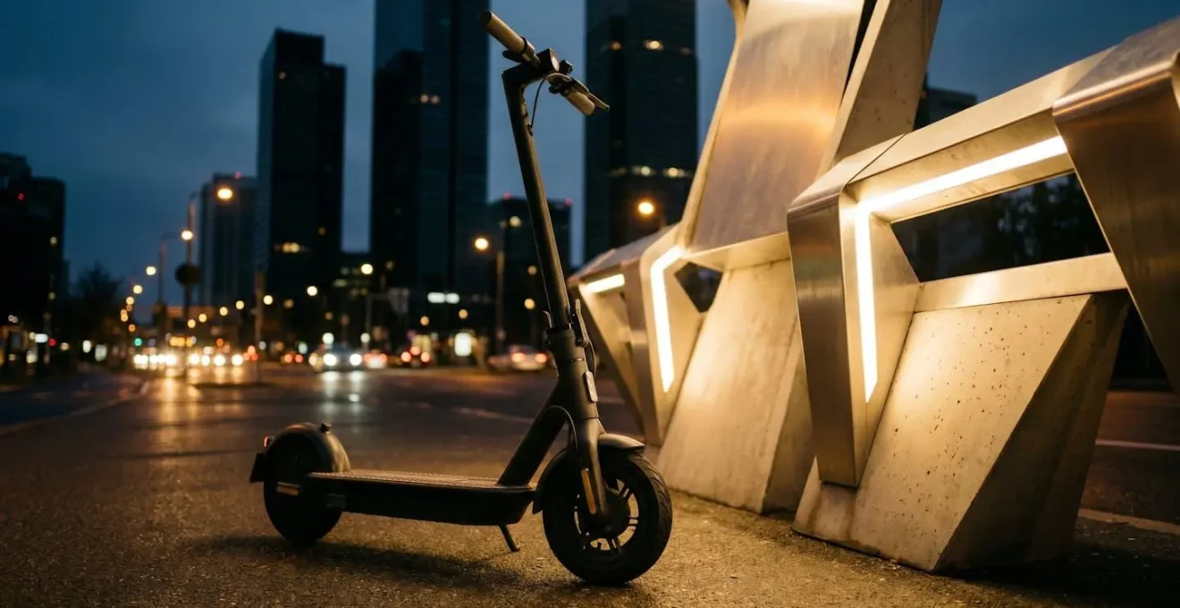 Scooter électrique immobilisé près d'une borne de recharge en environnement urbain