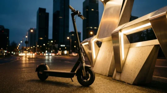 Scooter électrique immobilisé près d'une borne de recharge en environnement urbain