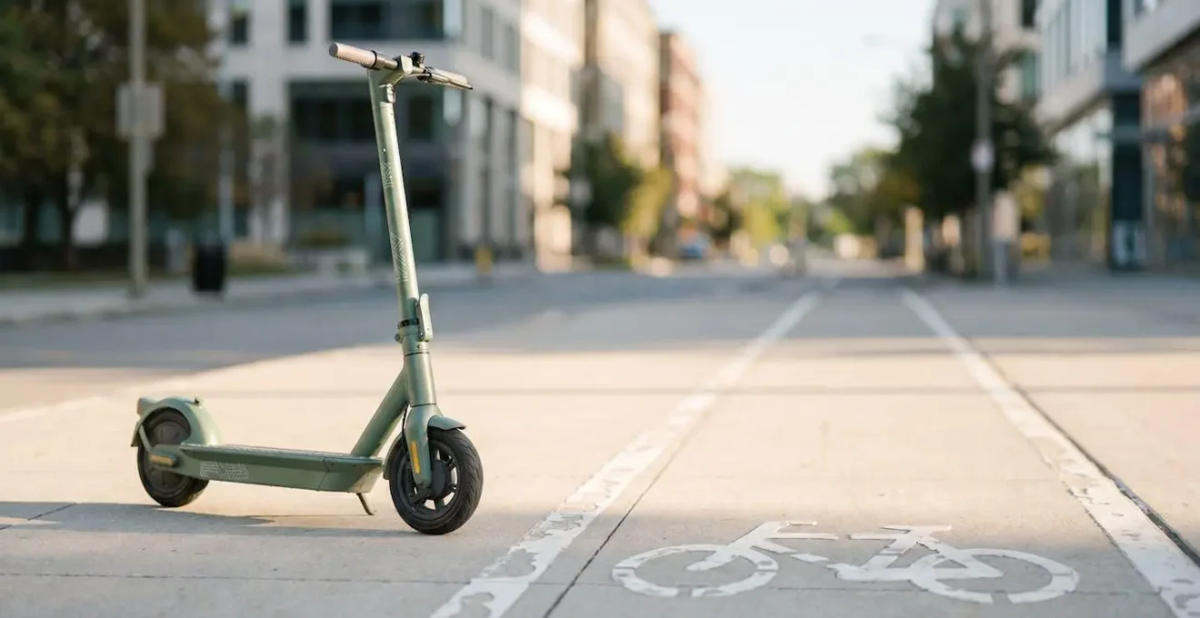 Scooter électrique en libre-service stationné dans environnement urbain moderne avec atmosphère de mobilité partagée