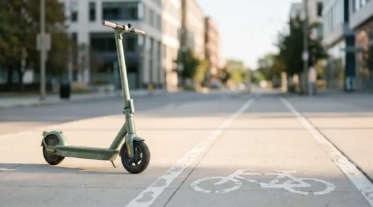 Scooter électrique en libre-service stationné dans environnement urbain moderne avec atmosphère de mobilité partagée