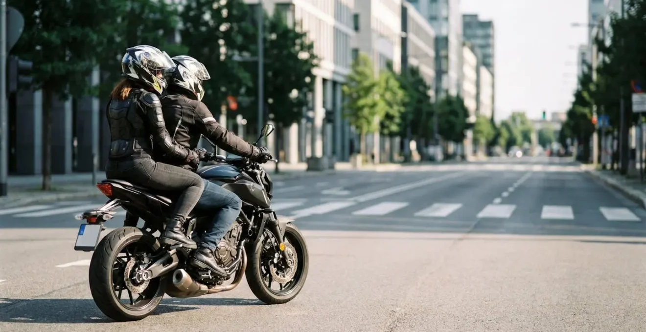 Duo de motards en covoiturage sur route urbaine avec équipements de sécurité