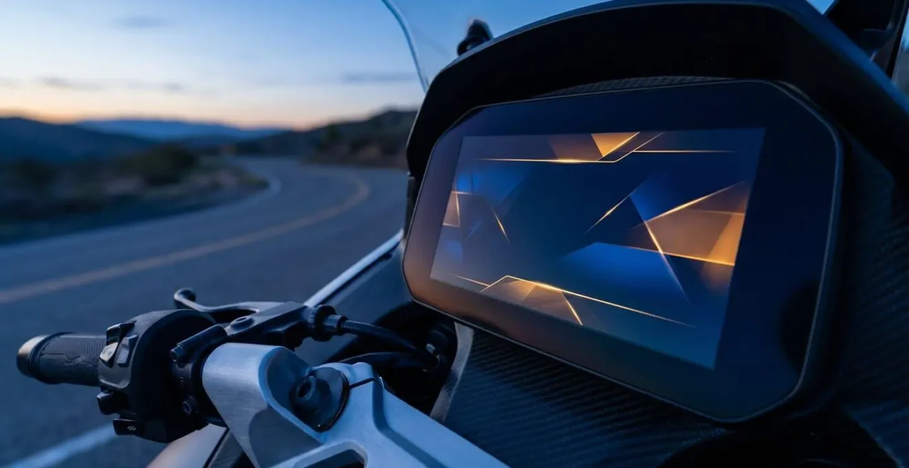 Dashboard moto moderne avec écran TFT haute définition affichant les données de conduite
