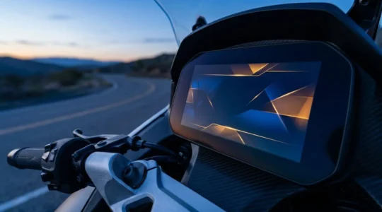 Dashboard moto moderne avec écran TFT haute définition affichant les données de conduite