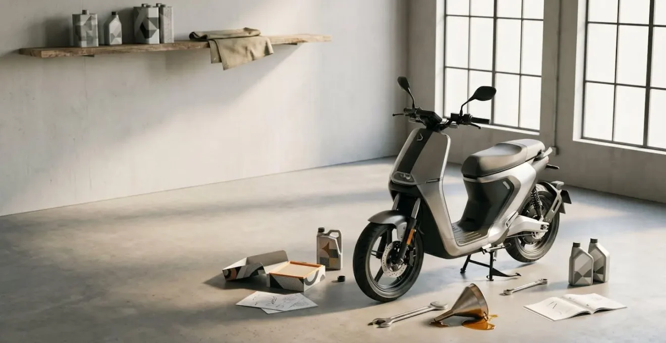 Gros plan sur un scooter en révision avec outils de maintenance et pièces mécaniques