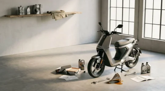 Gros plan sur un scooter en révision avec outils de maintenance et pièces mécaniques