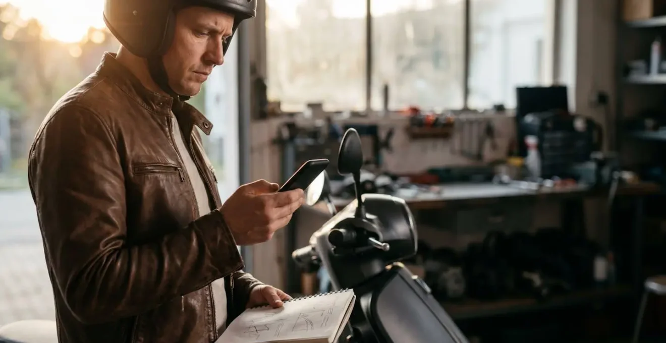 Motard en réflexion devant son scooter, calculant son kilométrage annuel pour l'assurance
