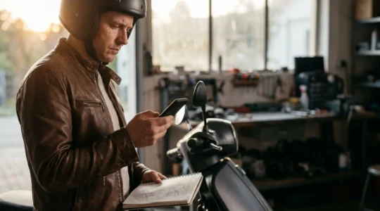 Motard en réflexion devant son scooter, calculant son kilométrage annuel pour l'assurance