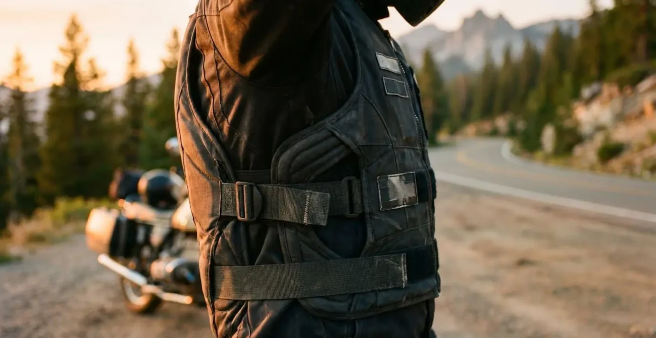 Motard équipé d'un gilet airbag moderne sur sa moto, vue rapprochée montrant le système de protection