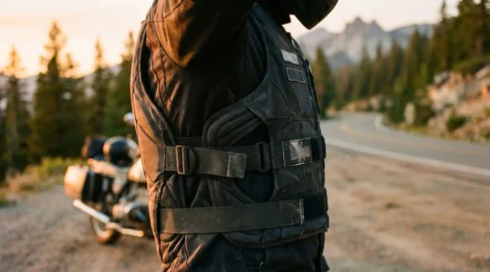Motard équipé d'un gilet airbag moderne sur sa moto, vue rapprochée montrant le système de protection