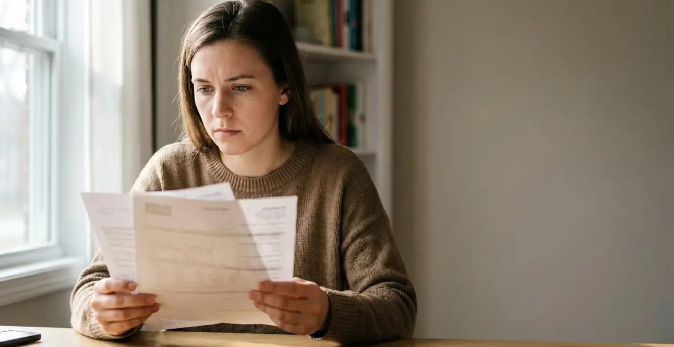 Jeune motard consultant des documents d'assurance avec concentration