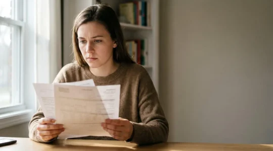 Jeune motard consultant des documents d'assurance avec concentration