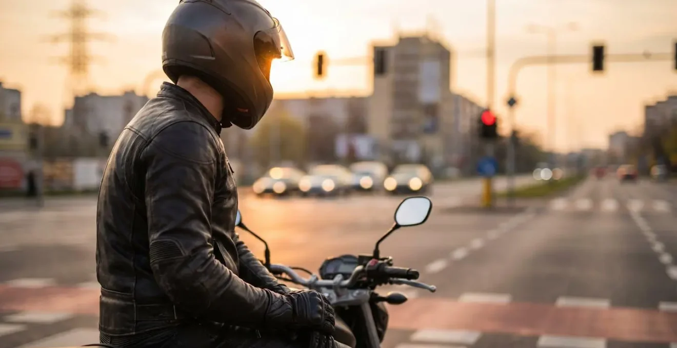 Motard équipé sur sa moto en respectant le Code de la Route