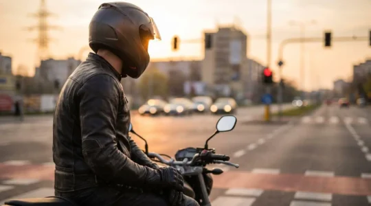Motard équipé sur sa moto en respectant le Code de la Route