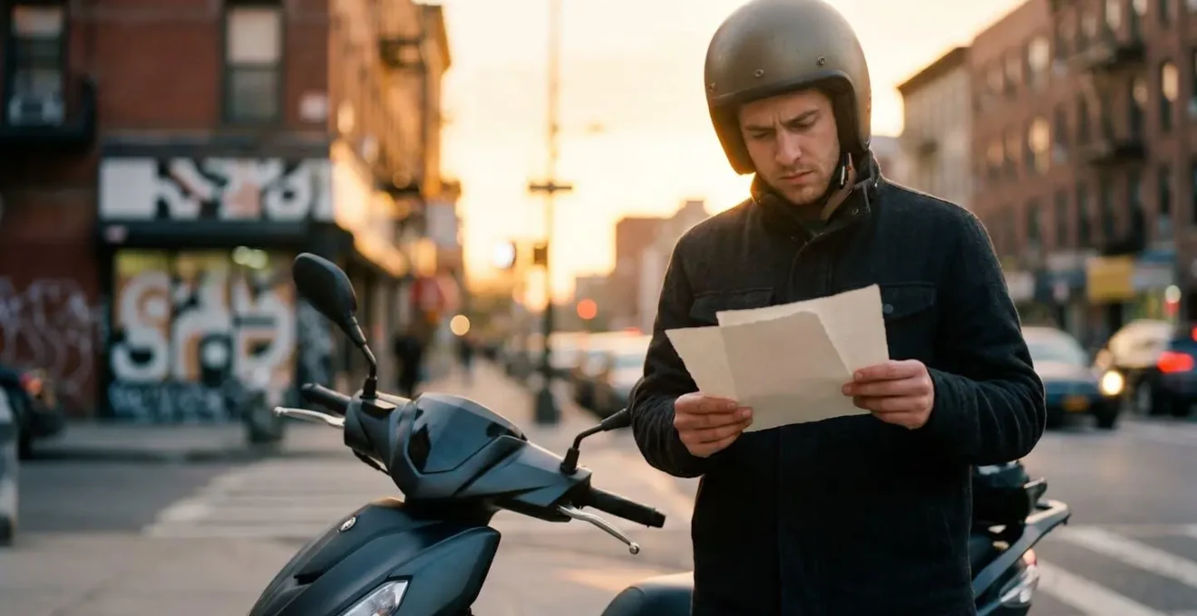 Motard consultant des documents d'assurance près de son scooter stationné