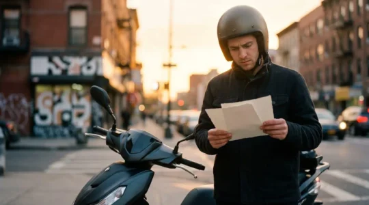 Motard consultant des documents d'assurance près de son scooter stationné