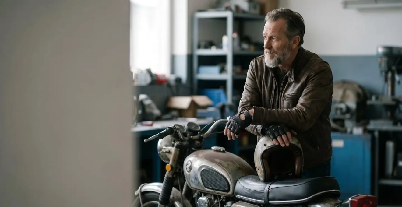 Motard réfléchissant au choix de son assurance deux-roues, représentant la prise de décision rationnelle