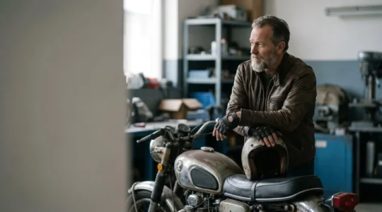 Motard réfléchissant au choix de son assurance deux-roues, représentant la prise de décision rationnelle