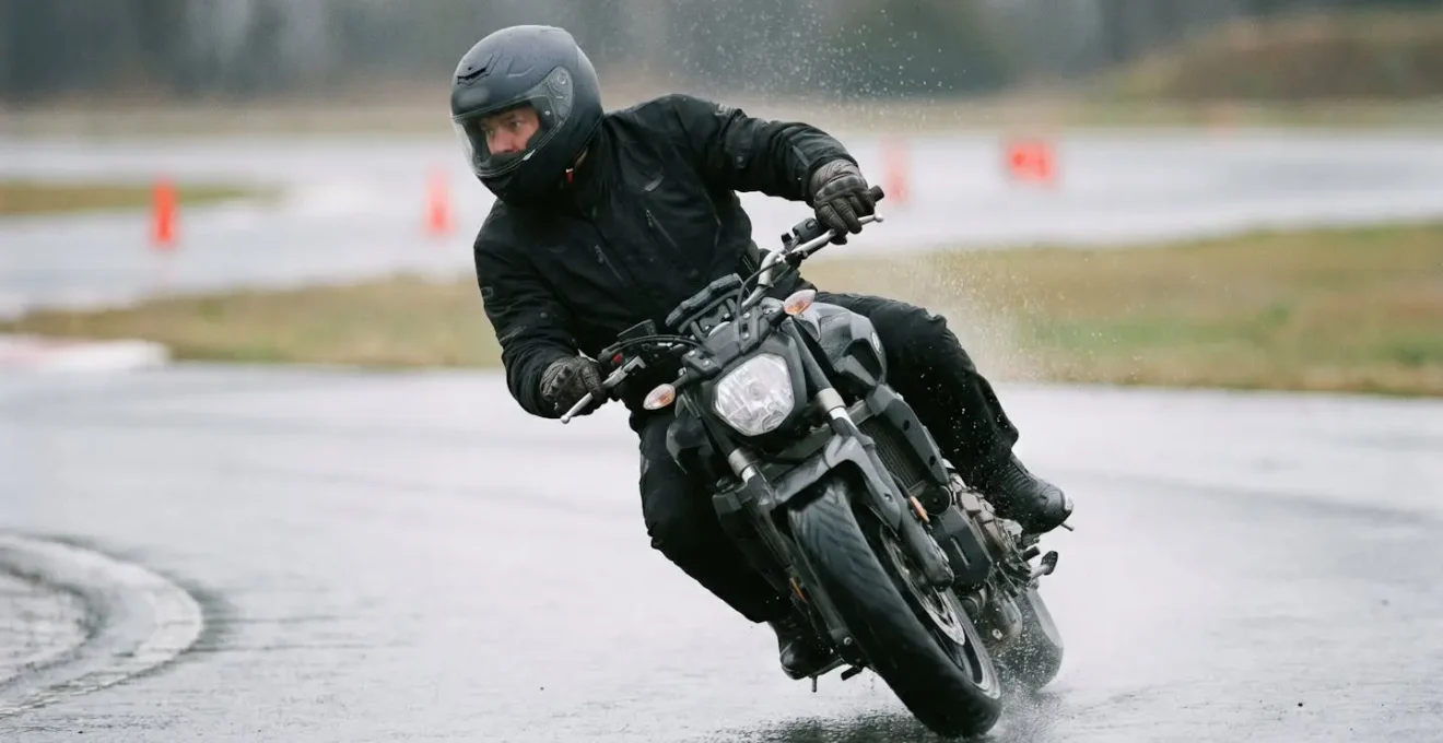 Motard en équipement complet lors d'un stage de perfectionnement sur piste mouillée pour améliorer sa sécurité et réduire son assurance