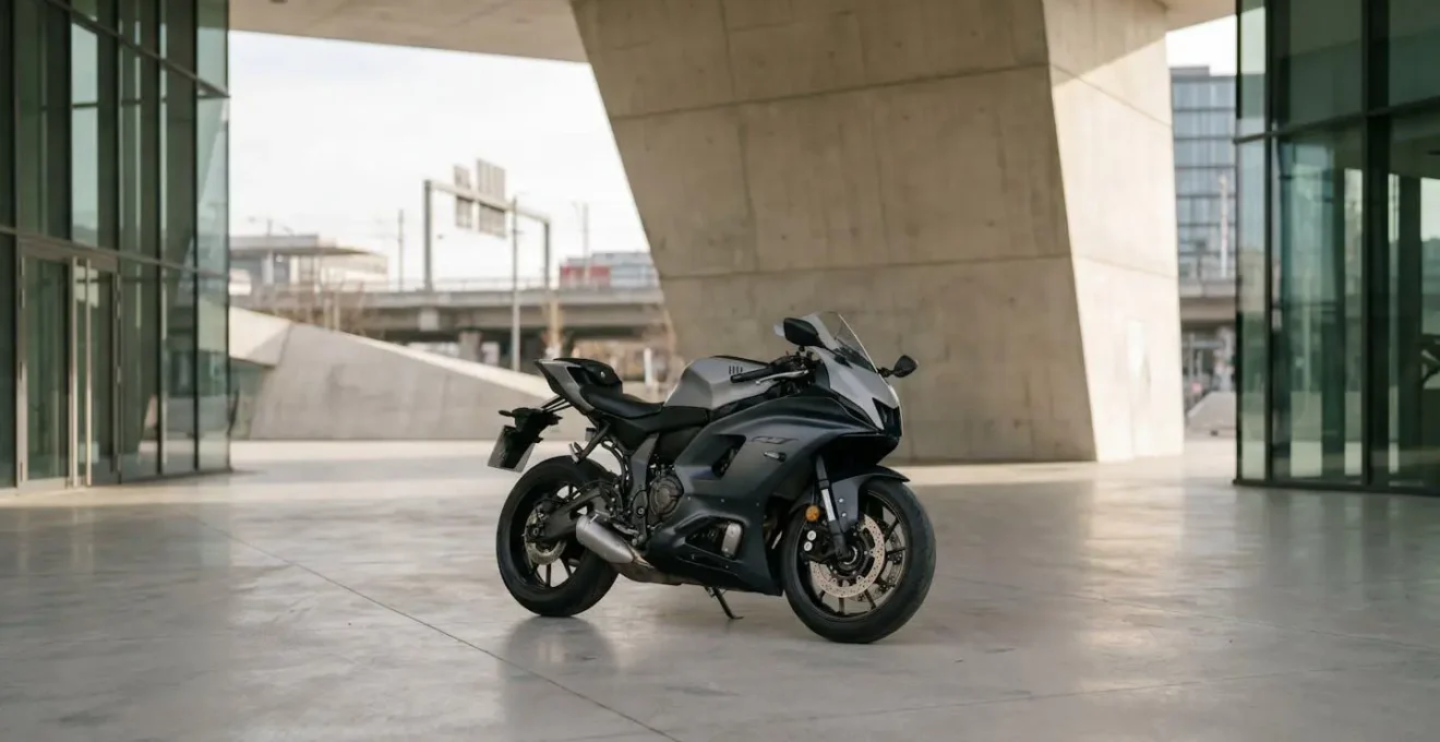 Moto sportive moderne dans un environnement urbain évoquant le financement et la mobilité