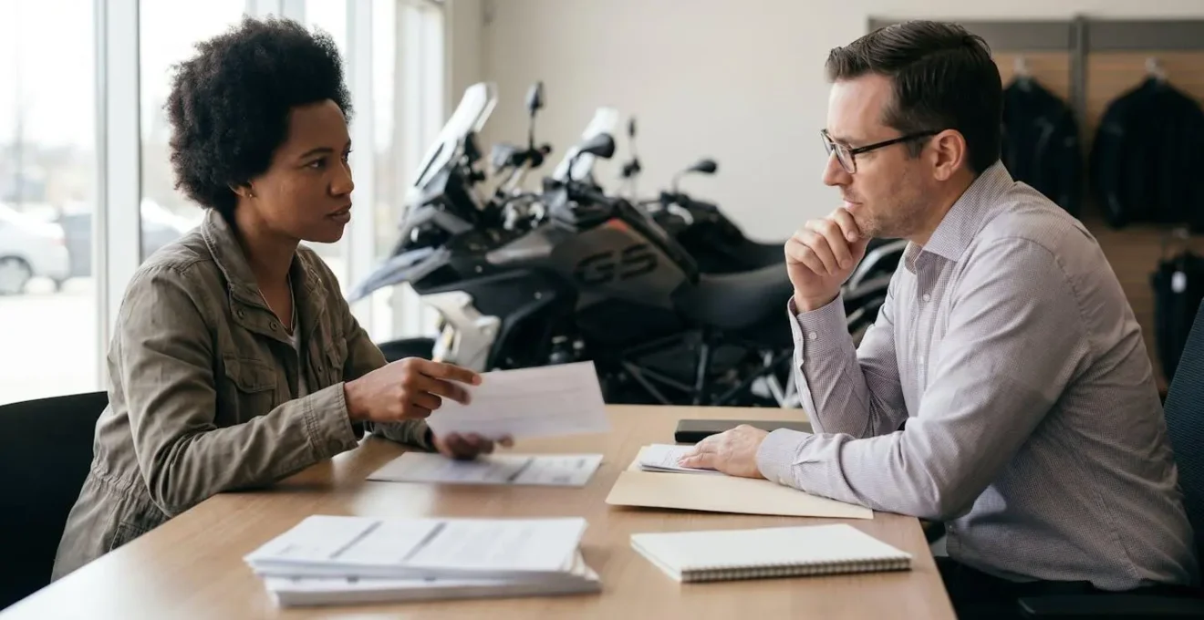 Négociation de crédit moto entre client et conseiller financier en concession