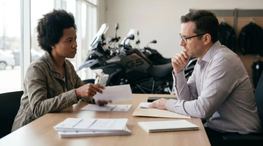 Négociation de crédit moto entre client et conseiller financier en concession