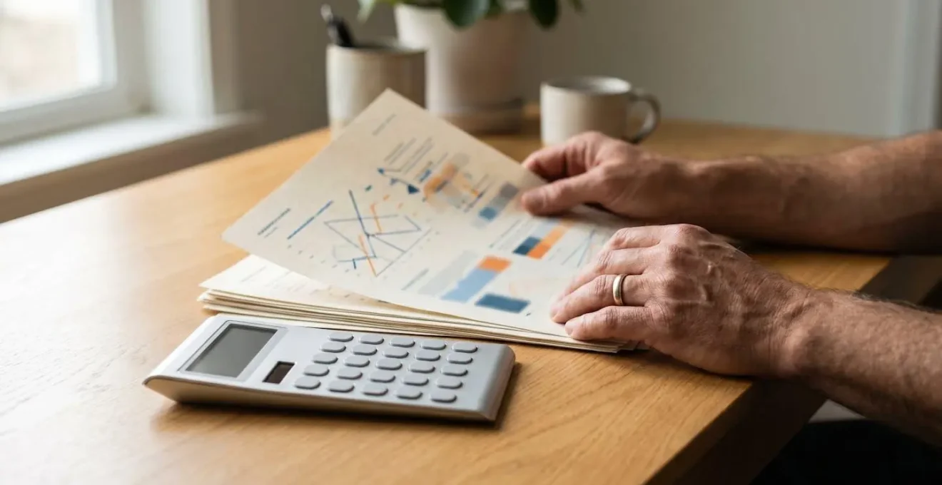 Gros plan sur des mains calculant des économies d'assurance moto avec une calculatrice et des documents de contrats, dans un environnement lumineux et professionnel