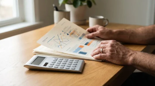 Gros plan sur des mains calculant des économies d'assurance moto avec une calculatrice et des documents de contrats, dans un environnement lumineux et professionnel