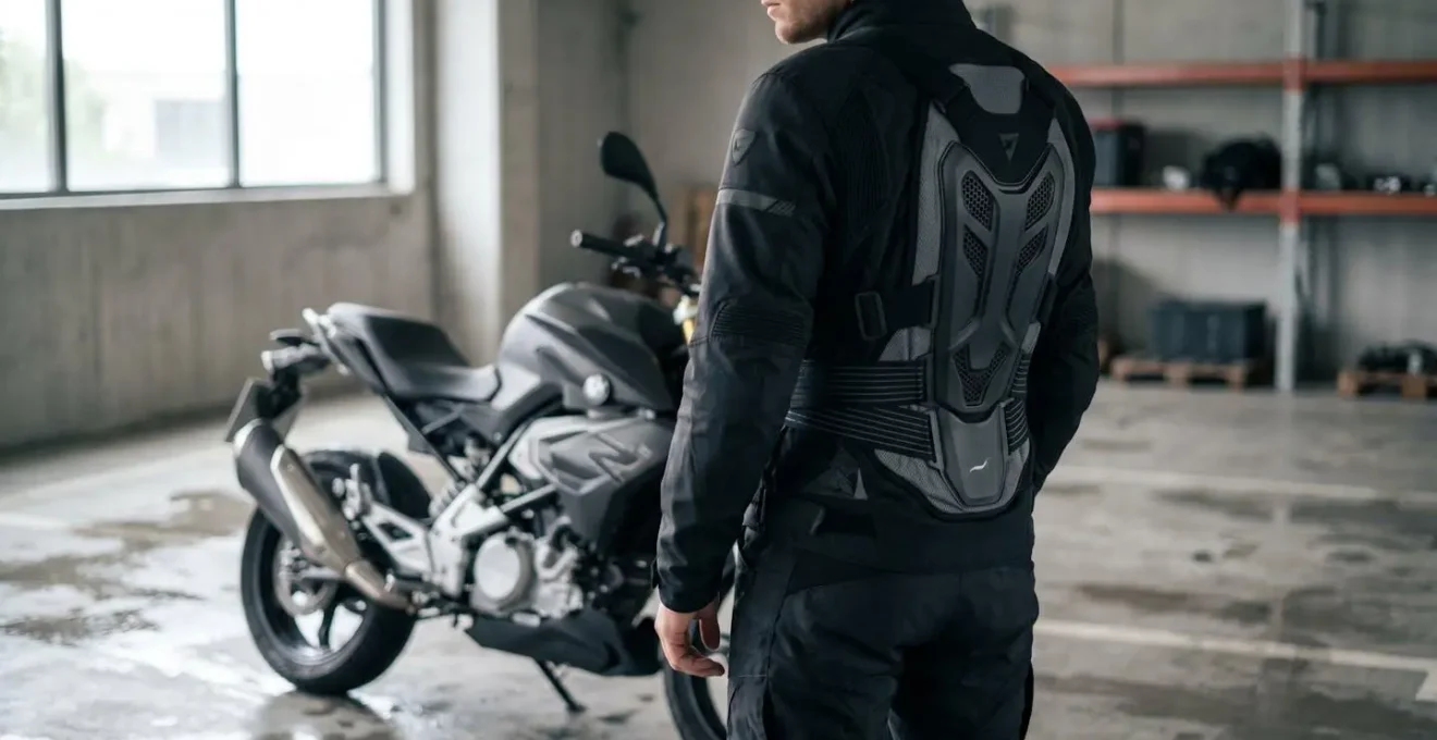 Équipement de protection dorsale pour motard avec focus sur la colonne vertébrale et la sécurité