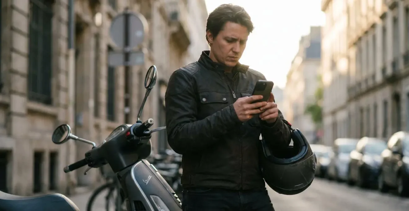 Scootériste consultant son smartphone après un accident pour remplir un e-constat amiable de manière numérique