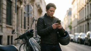 Scootériste consultant son smartphone après un accident pour remplir un e-constat amiable de manière numérique