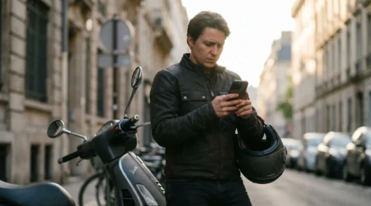 Scootériste consultant son smartphone après un accident pour remplir un e-constat amiable de manière numérique