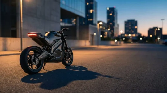 Vision futuriste de la mobilité électrique à deux roues dans un environnement urbain moderne