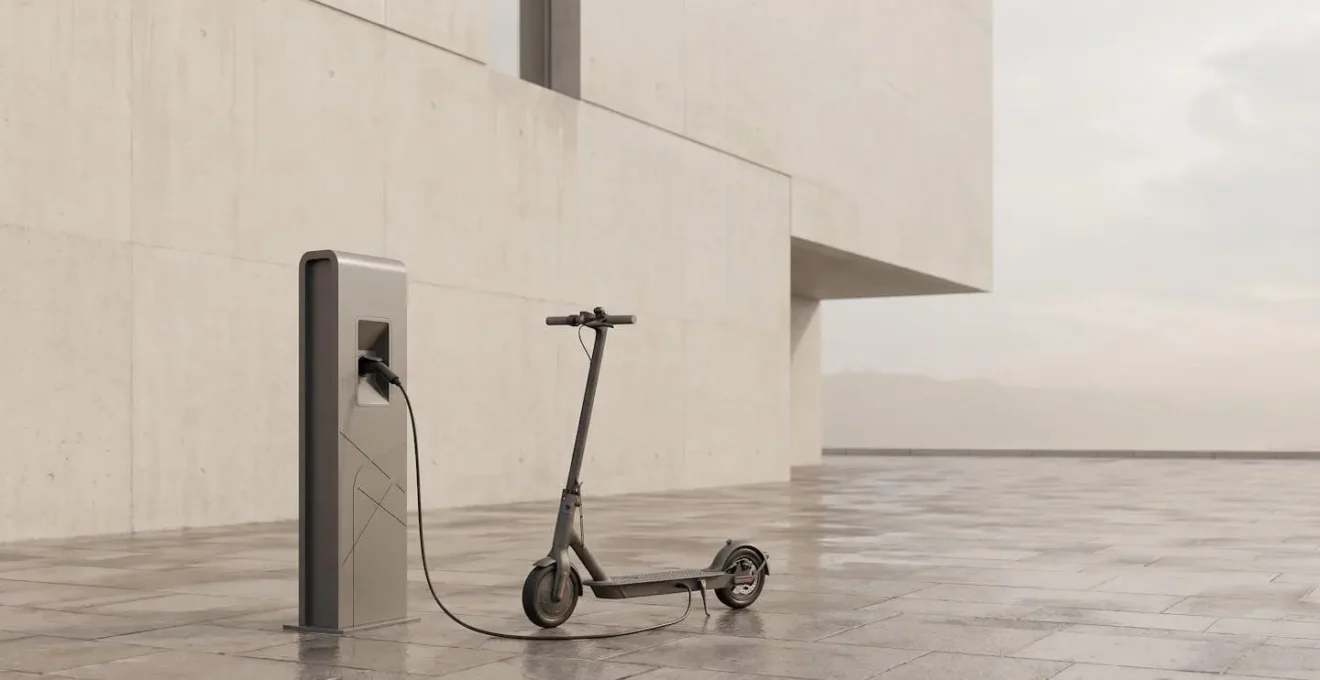Scooter électrique branché sur une borne de recharge publique en milieu urbain