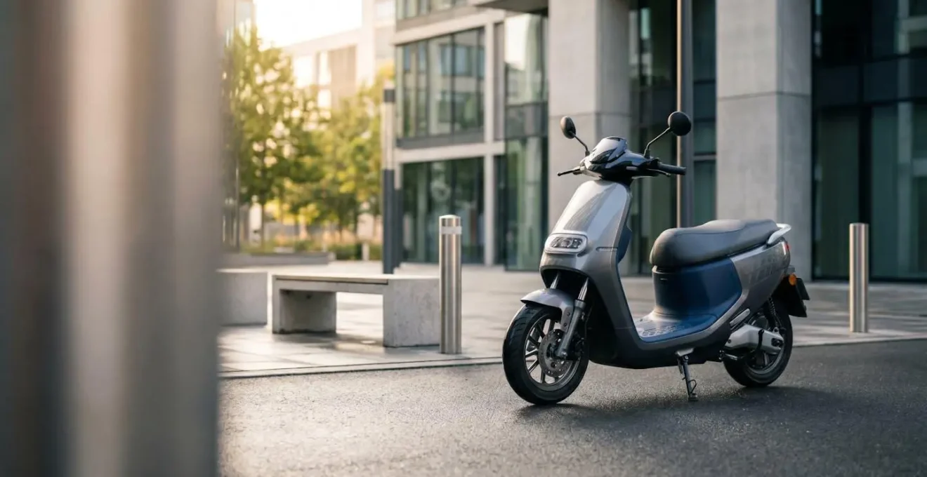 Scooter électrique moderne garé dans un environnement urbain contemporain pour trajet domicile-travail
