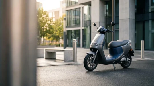 Scooter électrique moderne garé dans un environnement urbain contemporain pour trajet domicile-travail