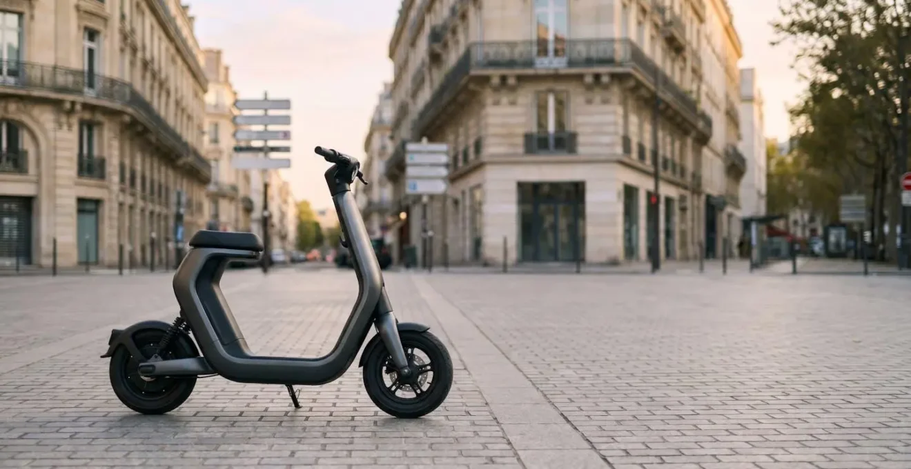 Scooter electrique moderne stationne dans un environnement urbain contemporain francais