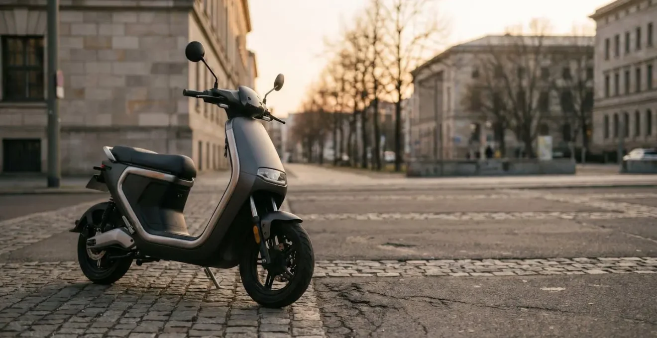 Scooter moderne garé dans une rue urbaine animée avec circulation en arrière-plan
