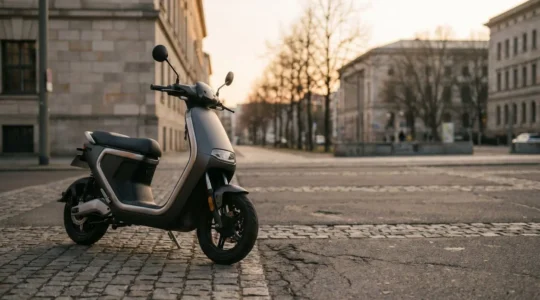 Scooter moderne garé dans une rue urbaine animée avec circulation en arrière-plan