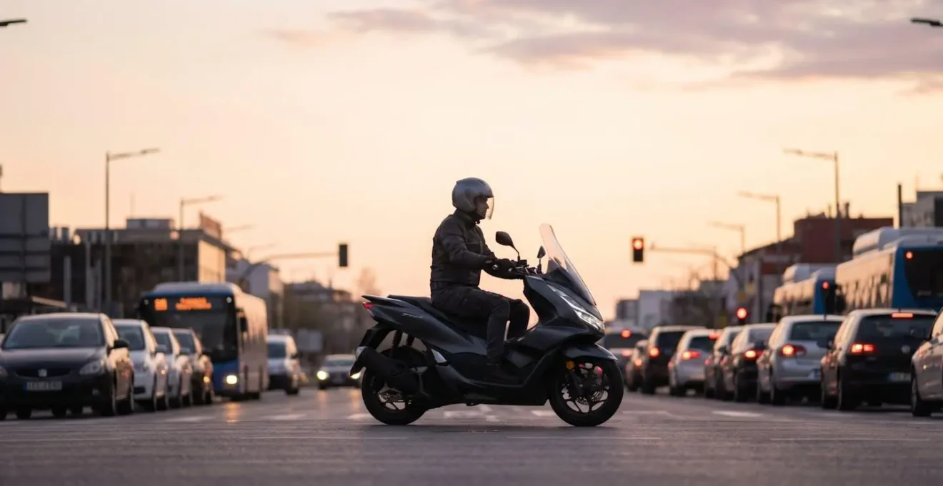 Conducteur de scooter en équipement complet naviguant dans la circulation urbaine dense aux heures de pointe