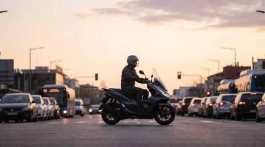 Conducteur de scooter en équipement complet naviguant dans la circulation urbaine dense aux heures de pointe