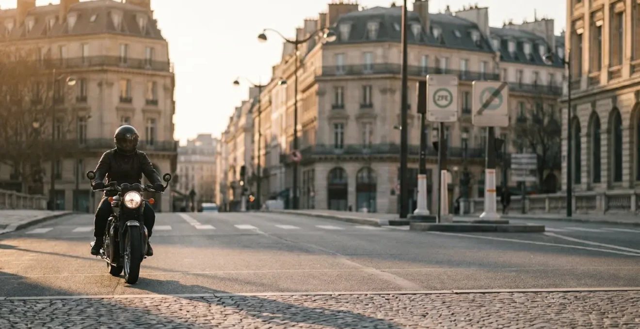 Scooter thermique deux-roues circulant dans une zone urbaine dense avec signalisation ZFE
