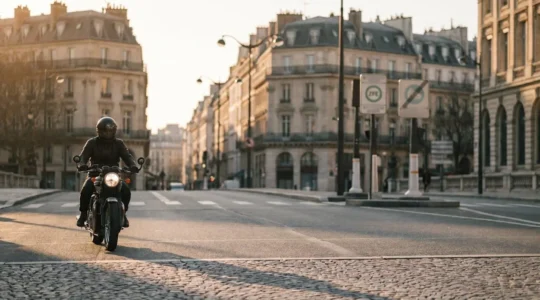 Scooter thermique deux-roues circulant dans une zone urbaine dense avec signalisation ZFE