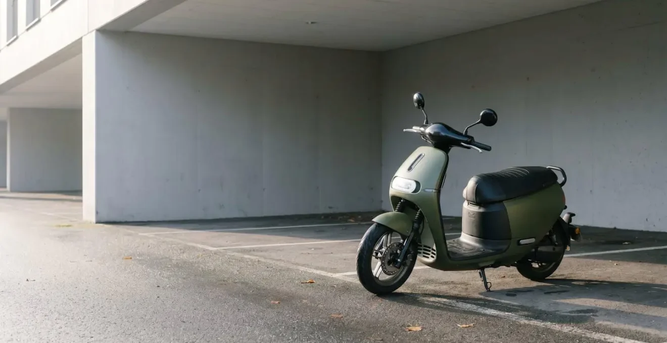 Scooter moderne stationne dans environnement urbain quotidien evoquant usage regulier et necessite assistance