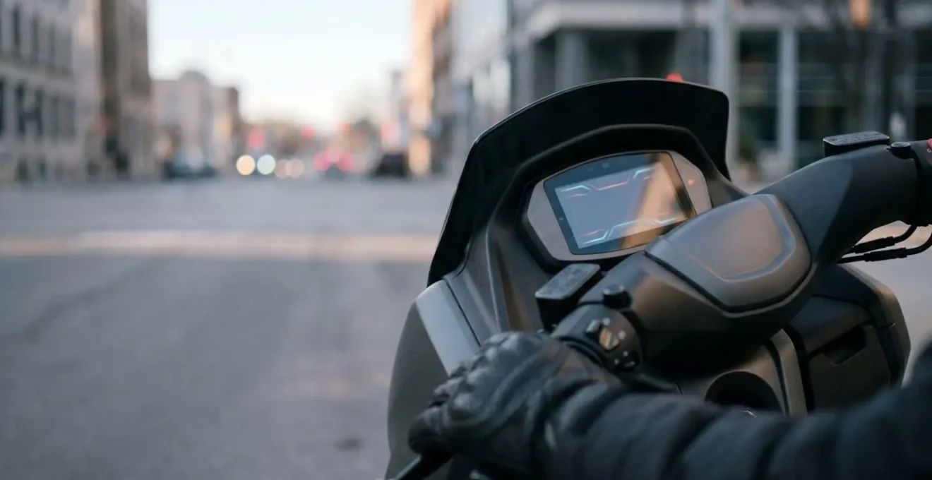 Tableau de bord numérique connecté d'un scooter moderne affichant des données de diagnostic en temps réel