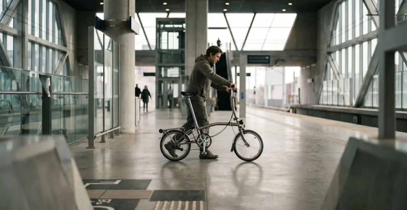 Cycliste pliant son vélo dans une gare moderne avec train en arrière-plan