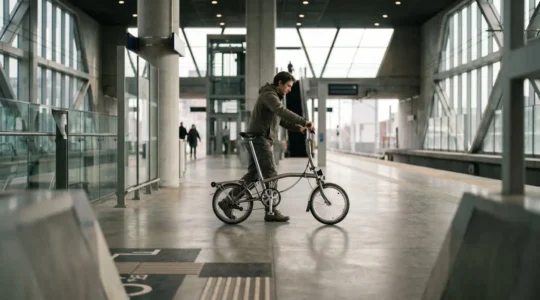 Cycliste pliant son vélo dans une gare moderne avec train en arrière-plan